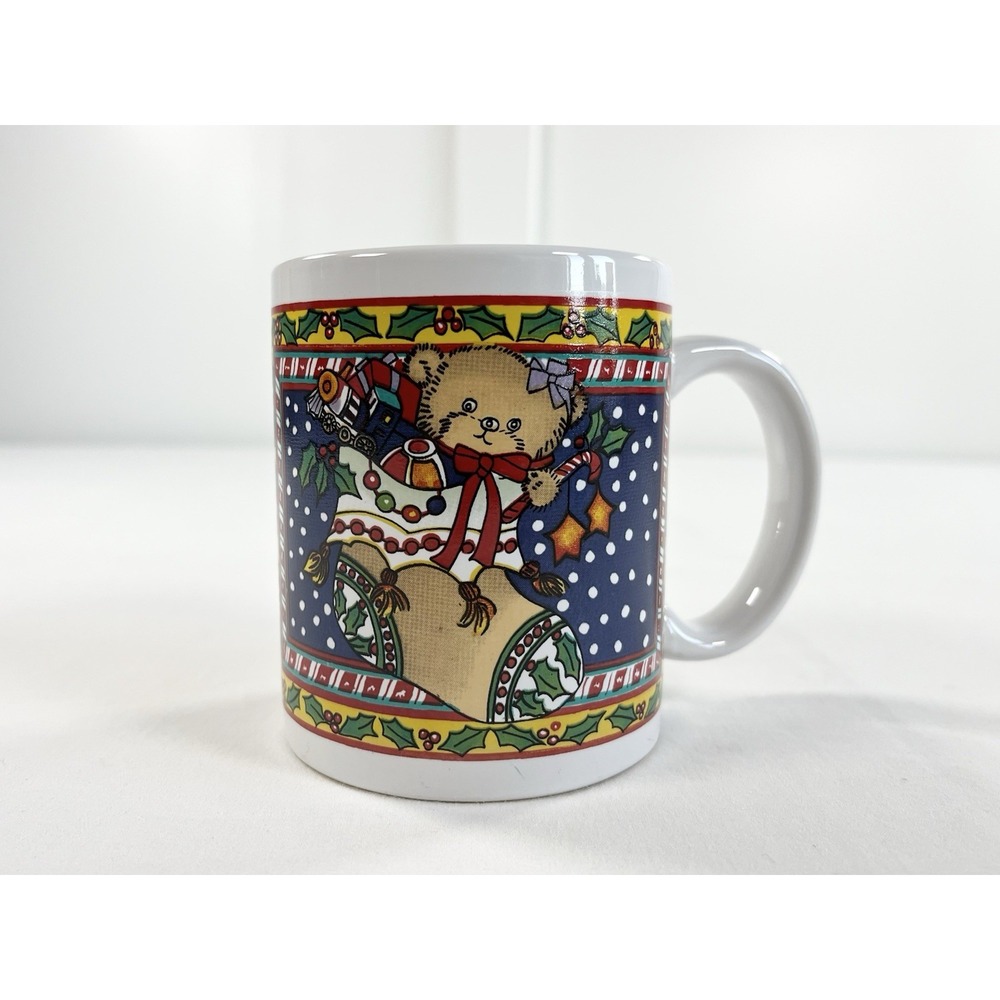 Vintage 1980s Christmas Teddy Bear Mug Toys In Stocking Holly Holiday Coffee Cup